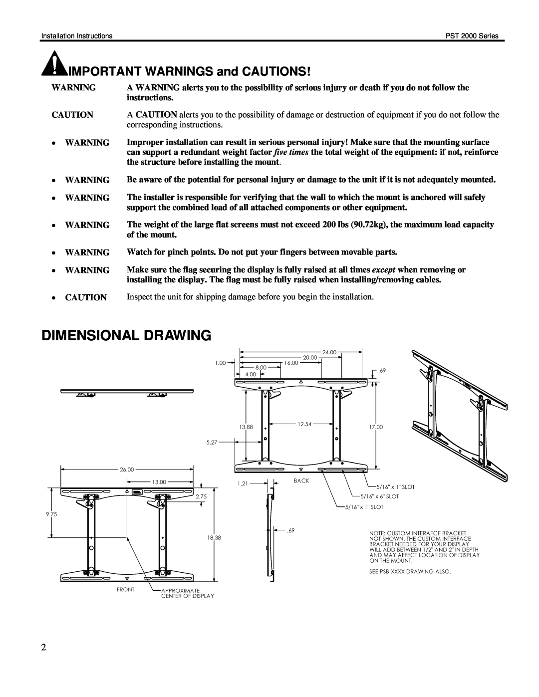Chief Manufacturing PST 2000 Series installation instructions Dimensional Drawing, IMPORTANT WARNINGS and CAUTIONS 