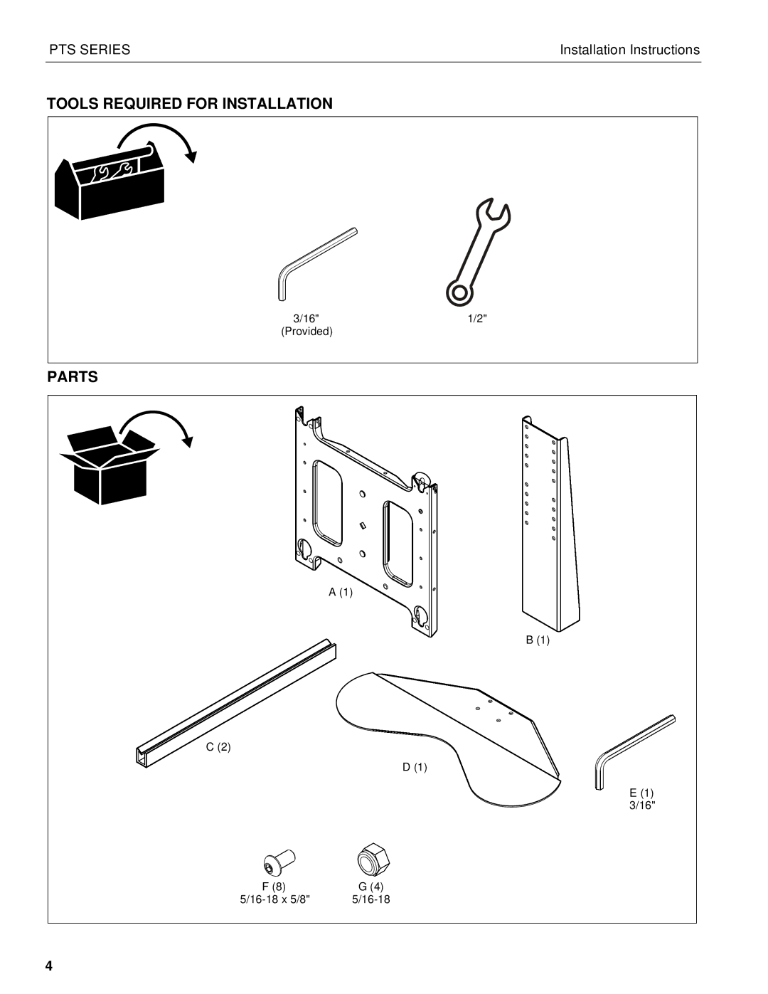 Chief Manufacturing PTS Series installation instructions Tools Required for Installation, Parts 