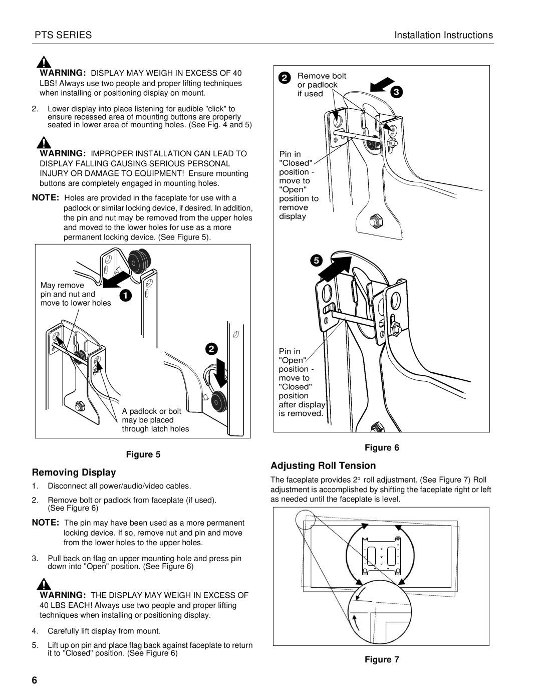 Chief Manufacturing PTS Series installation instructions Removing Display, Adjusting Roll Tension 