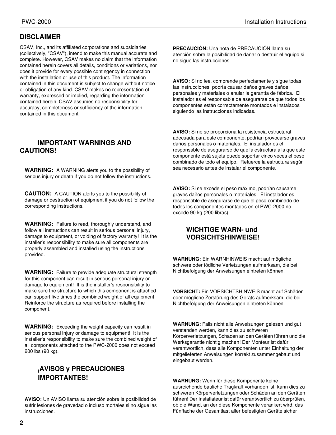 Chief Manufacturing PWC-2000 installation instructions Disclaimer, Important Warnings and Cautions, Vorsichtshinweise 