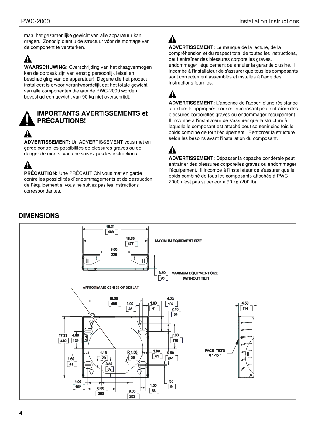 Chief Manufacturing PWC-2000 installation instructions Précautions, Dimensions 