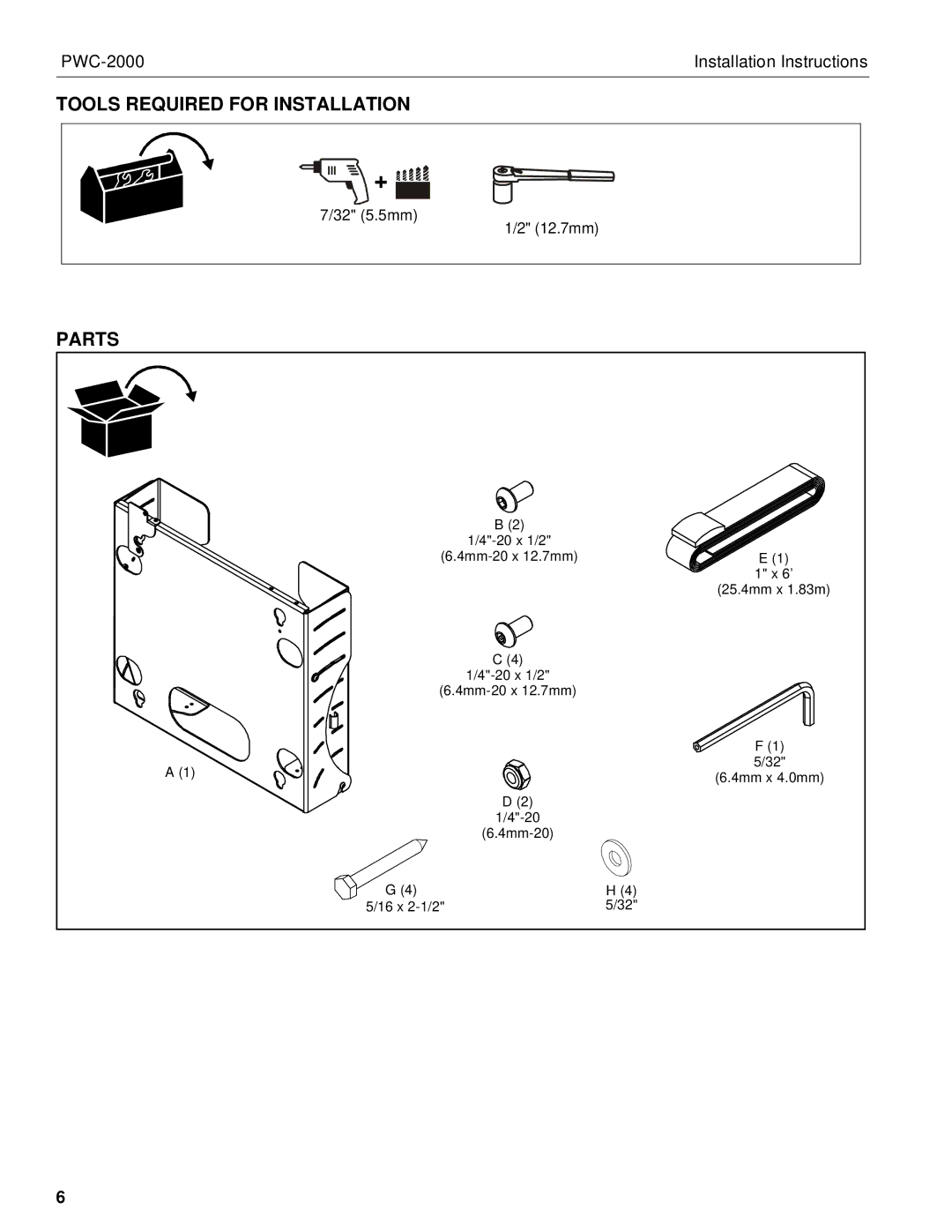 Chief Manufacturing PWC-2000 installation instructions Tools Required for Installation, Parts 