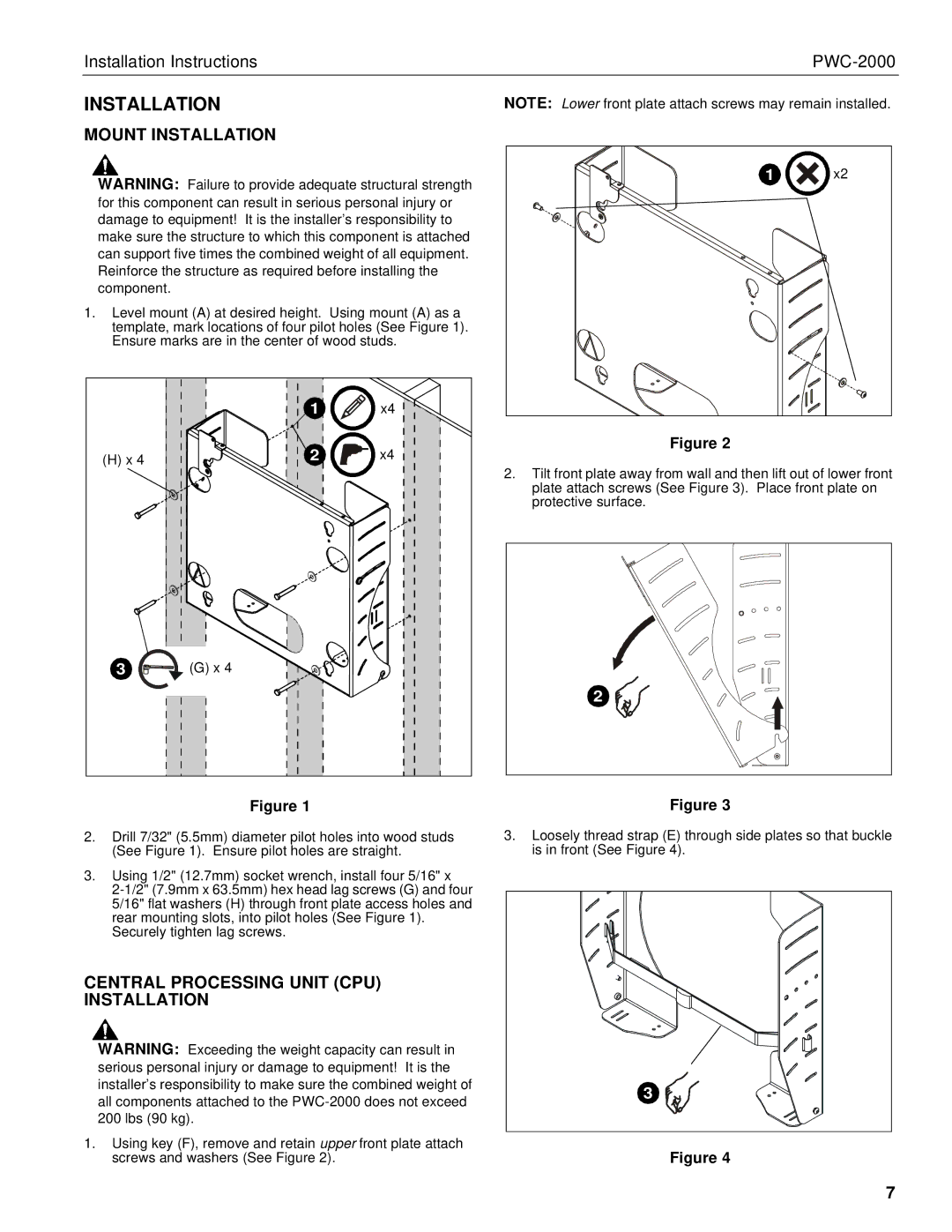 Chief Manufacturing PWC-2000 installation instructions Mount Installation, Central Processing Unit CPU Installation 