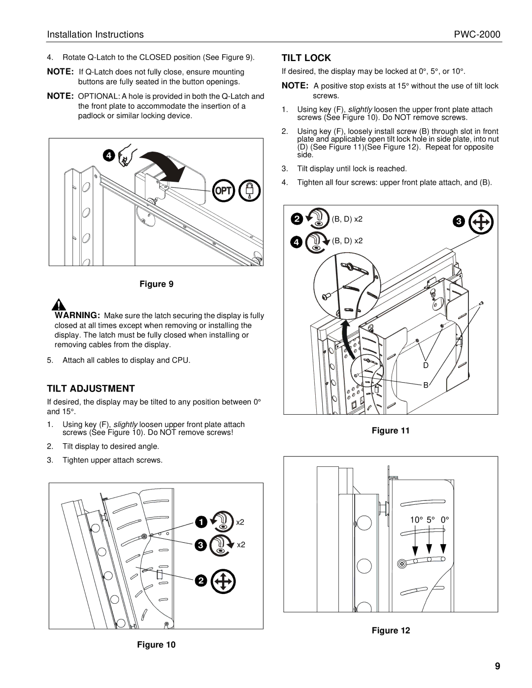 Chief Manufacturing PWC-2000 installation instructions Tilt Adjustment, Tilt Lock 