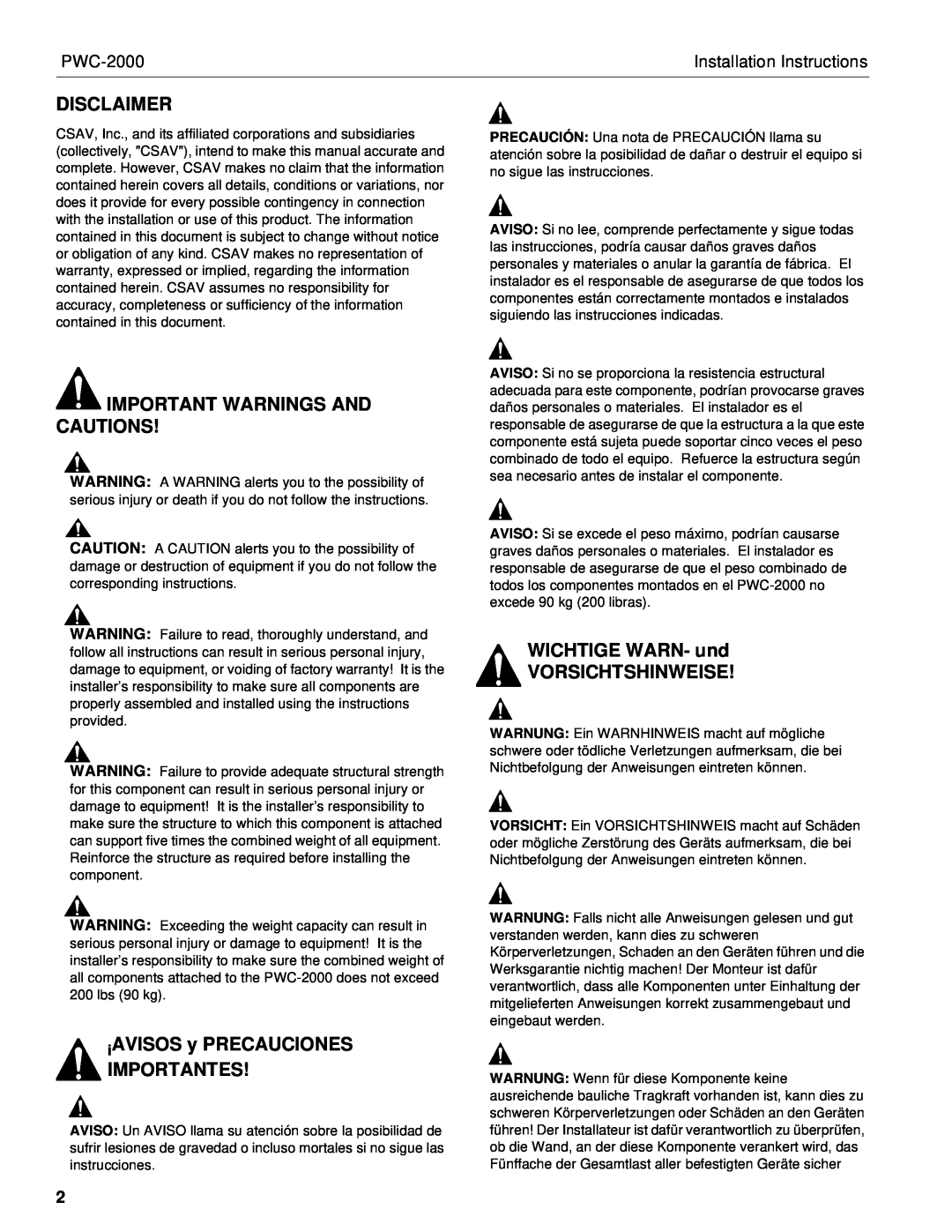 Chief Manufacturing PWC-2000 Disclaimer, Important Warnings And Cautions, iAVISOS y PRECAUCIONES IMPORTANTES 