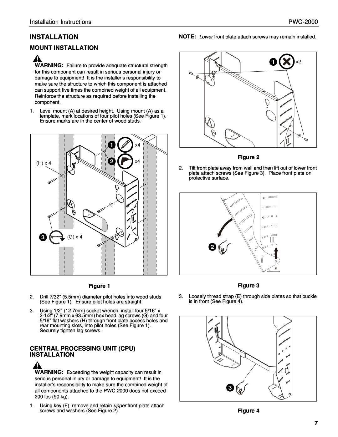 Chief Manufacturing PWC-2000 Mount Installation, Central Processing Unit Cpu Installation, Installation Instructions 