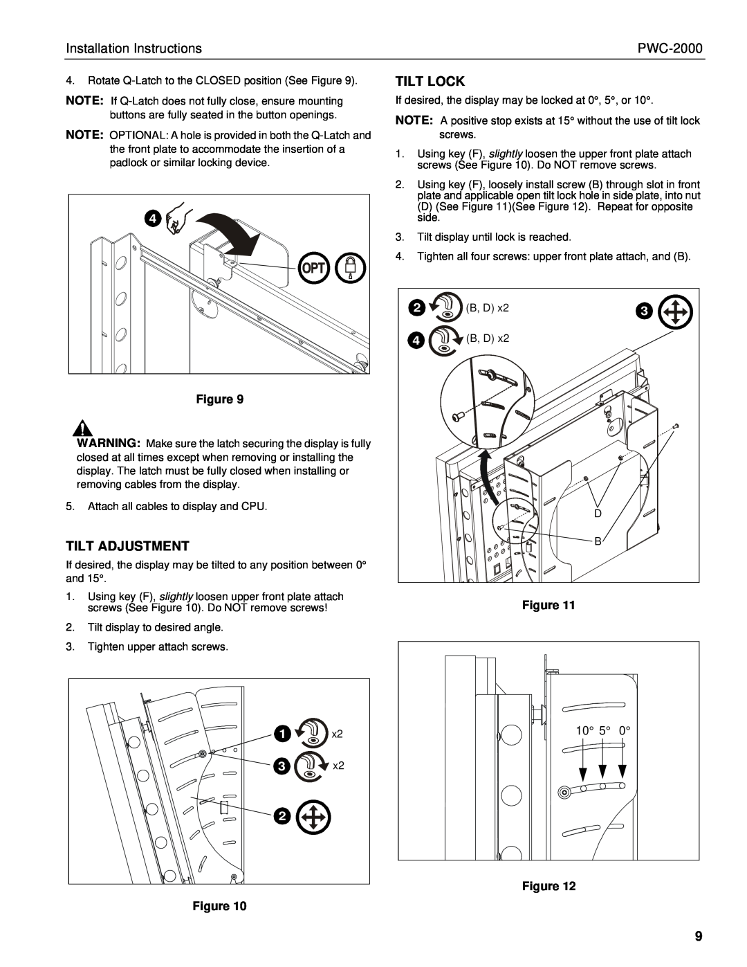 Chief Manufacturing PWC-2000 installation instructions Tilt Adjustment, Tilt Lock, Installation Instructions 