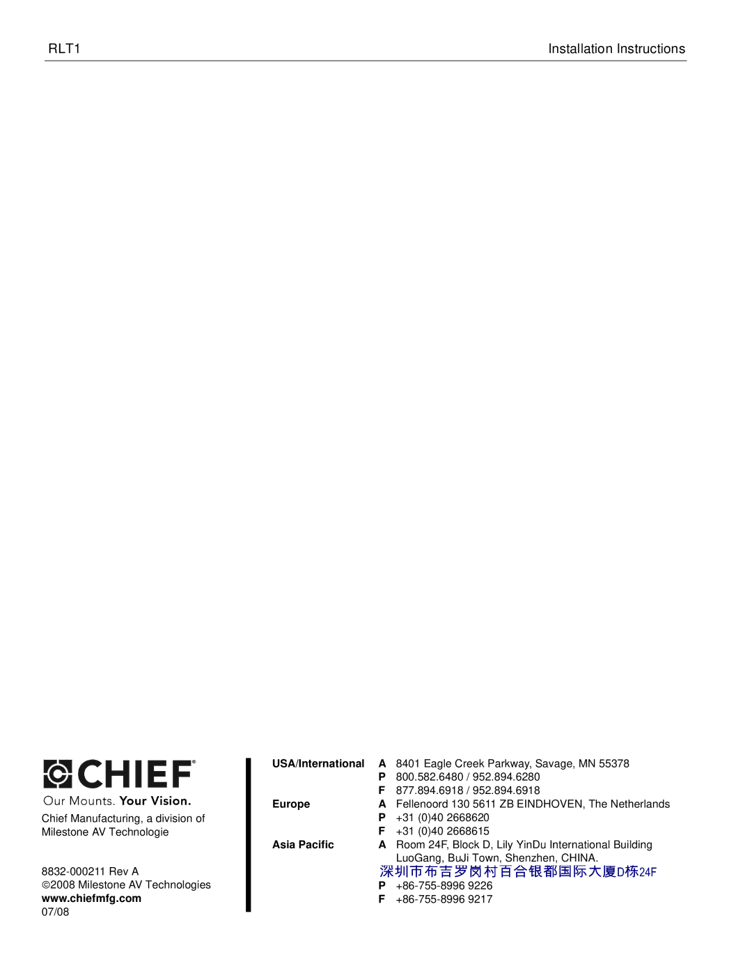 Chief Manufacturing RLT1 installation instructions +31 040 