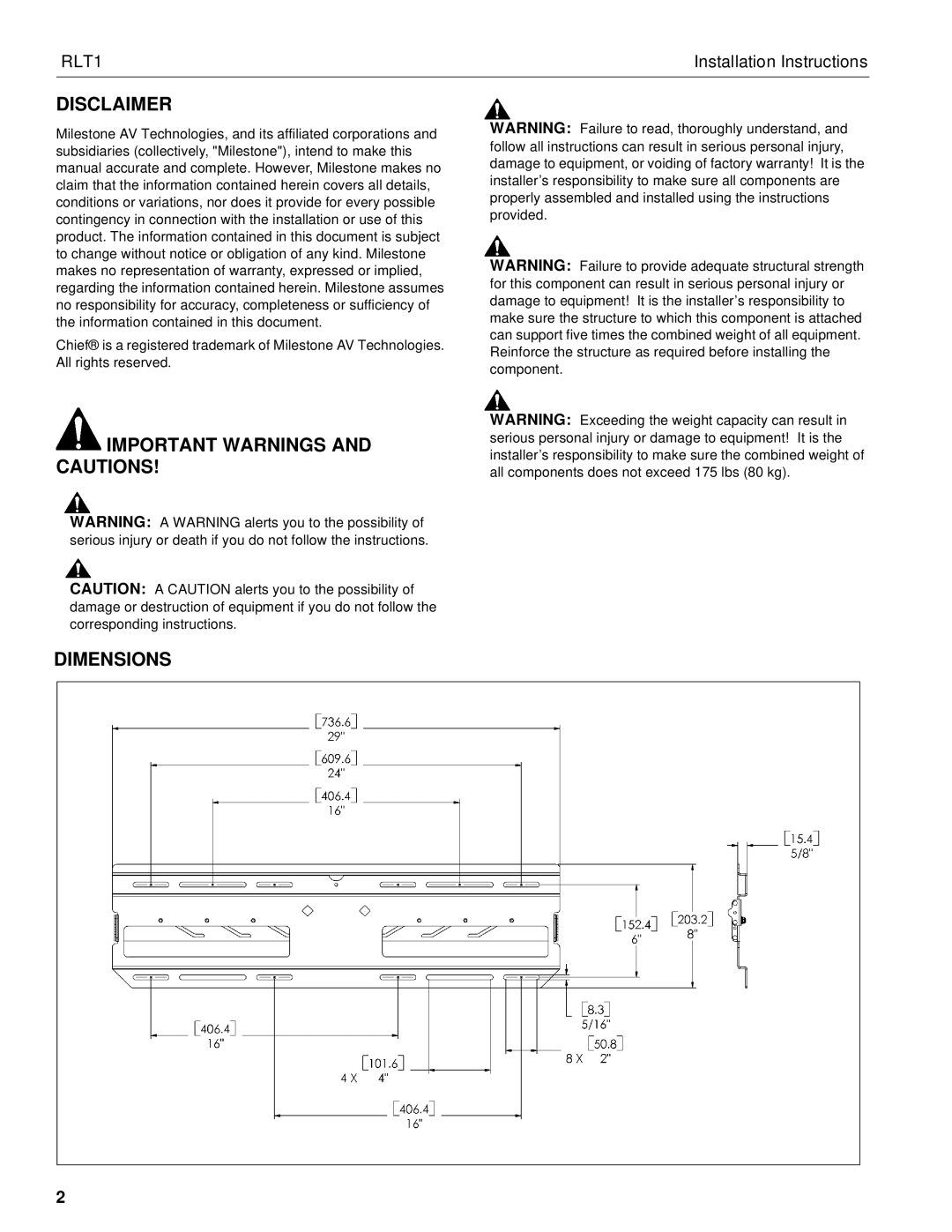 Chief Manufacturing RLT1 installation instructions Disclaimer, Important Warnings and Cautions Dimensions 