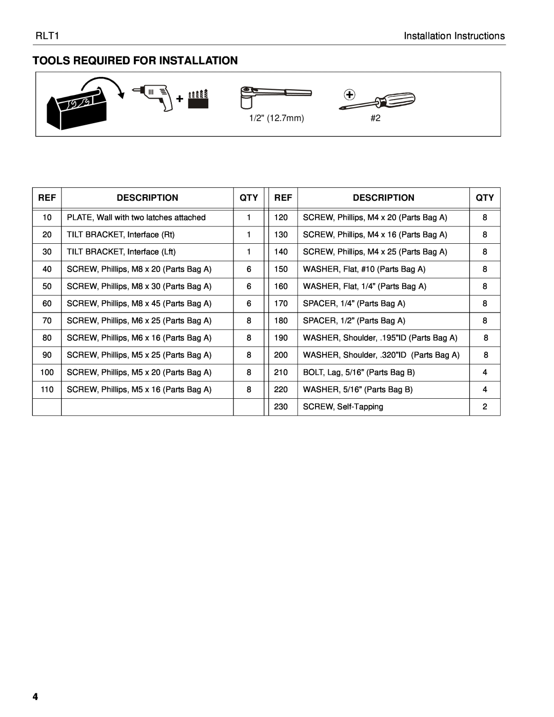 Chief Manufacturing RLT1 Tools Required For Installation, Description, Installation Instructions, 1/2 12.7mm 