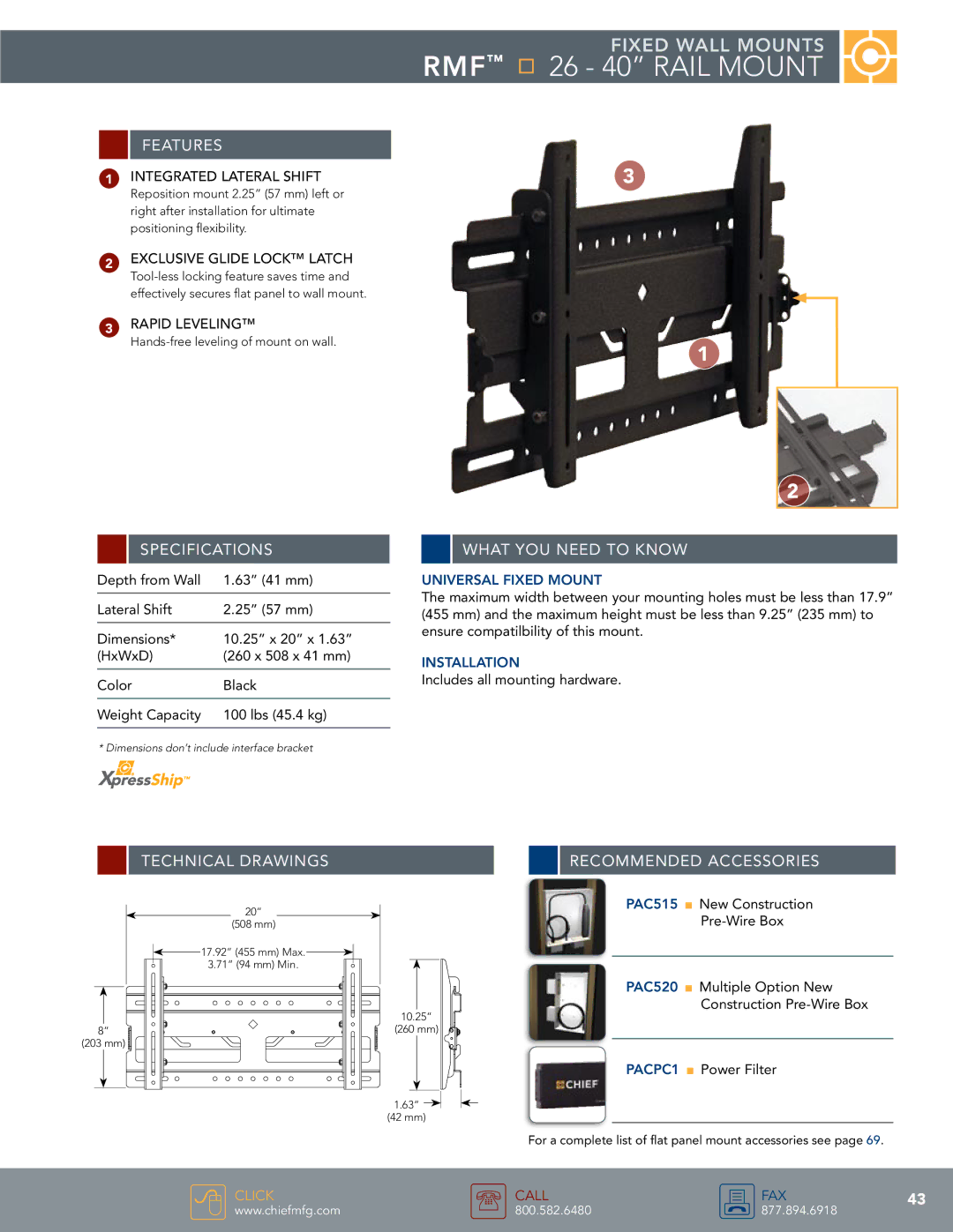 Chief Manufacturing specifications RMF 26 40 Rail mount 