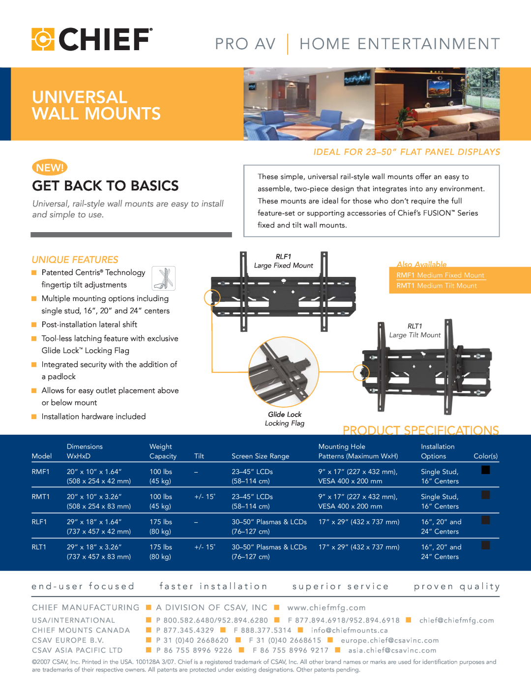 Chief Manufacturing RLF1, RMT1, RMF1 specifications Universal Wall Mounts, Pro Av, Home Entertainment, Get Back To Basics 