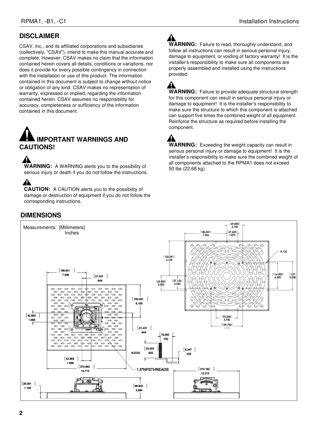 Chief Manufacturing RPMA1 installation instructions Disclaimer, Important Warnings and Cautions Dimensions 