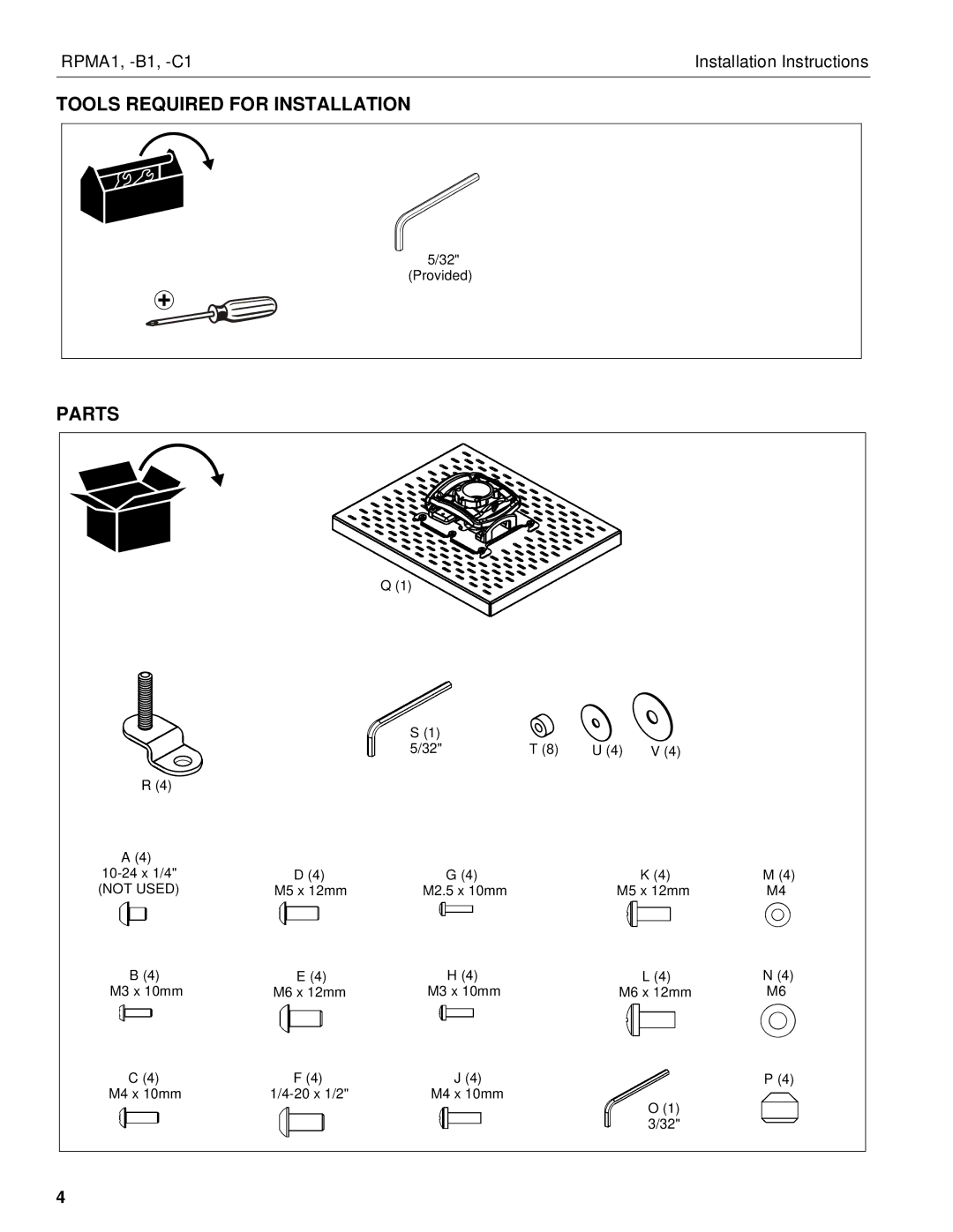 Chief Manufacturing RPMA1 installation instructions Tools Required for Installation, Parts, Not Used 