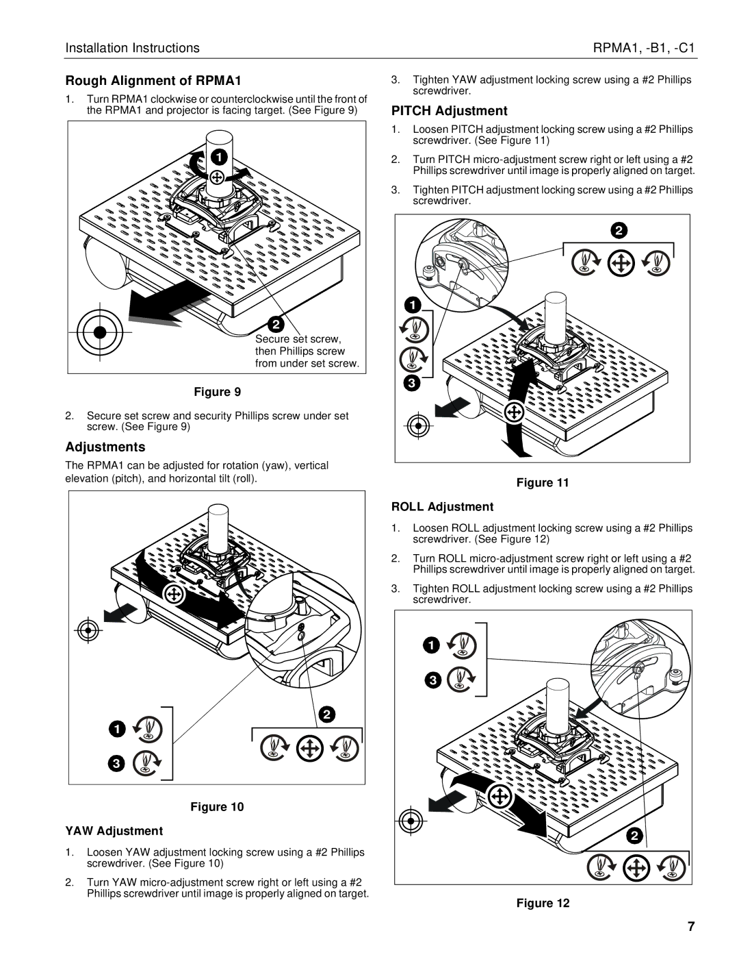 Chief Manufacturing installation instructions Rough Alignment of RPMA1, Pitch Adjustment, Adjustments 