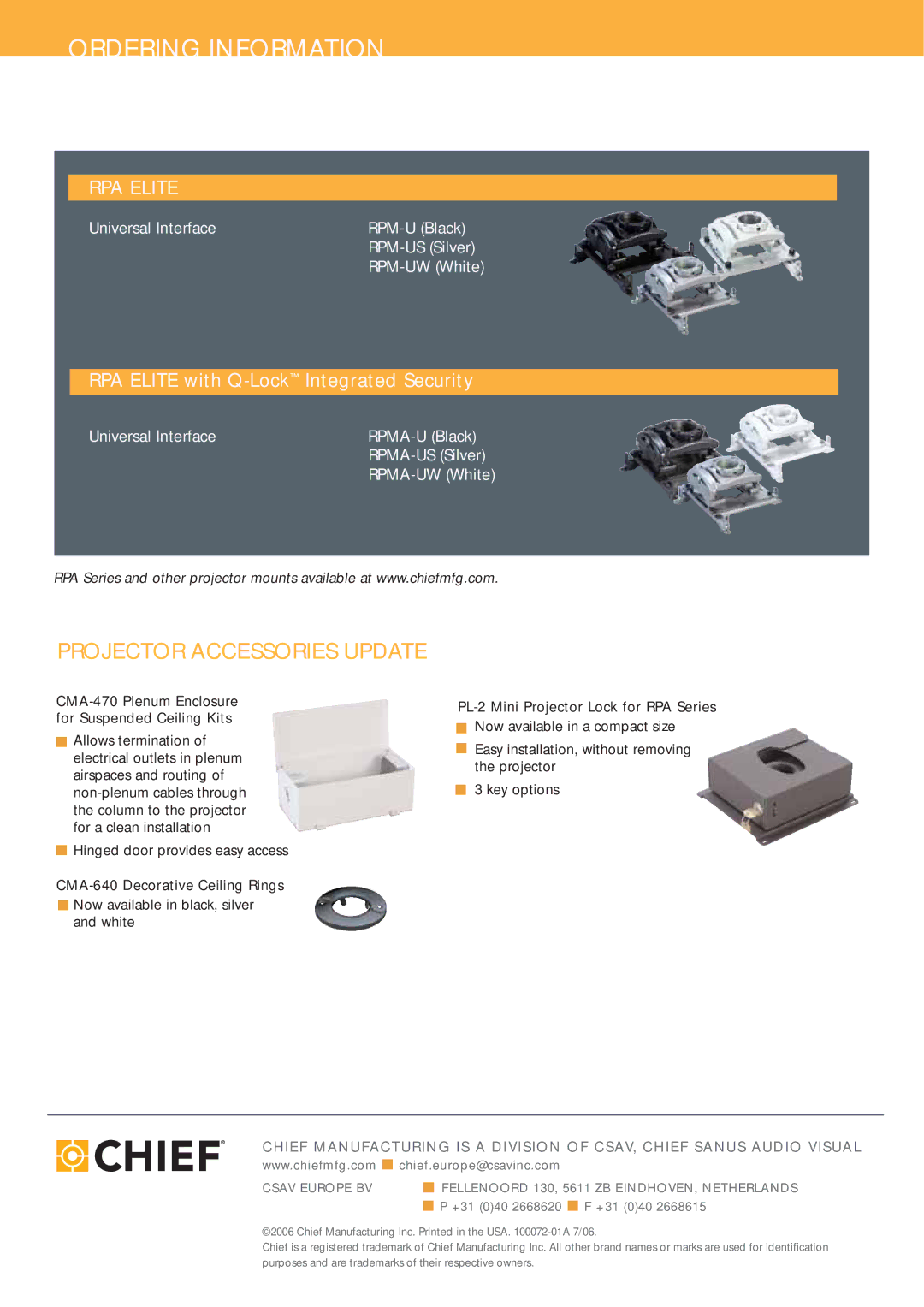 Chief Manufacturing RPMA, RPMC, RPA4000 manual Ordering Information 