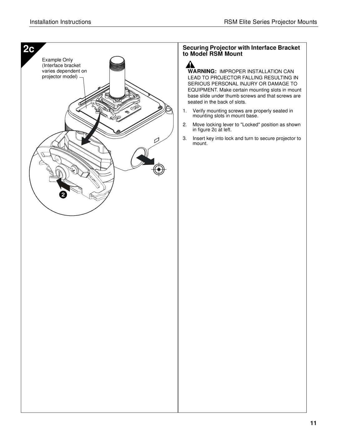 Chief Manufacturing RSM A-D installation instructions Securing Projector with Interface Bracket to Model RSM Mount 