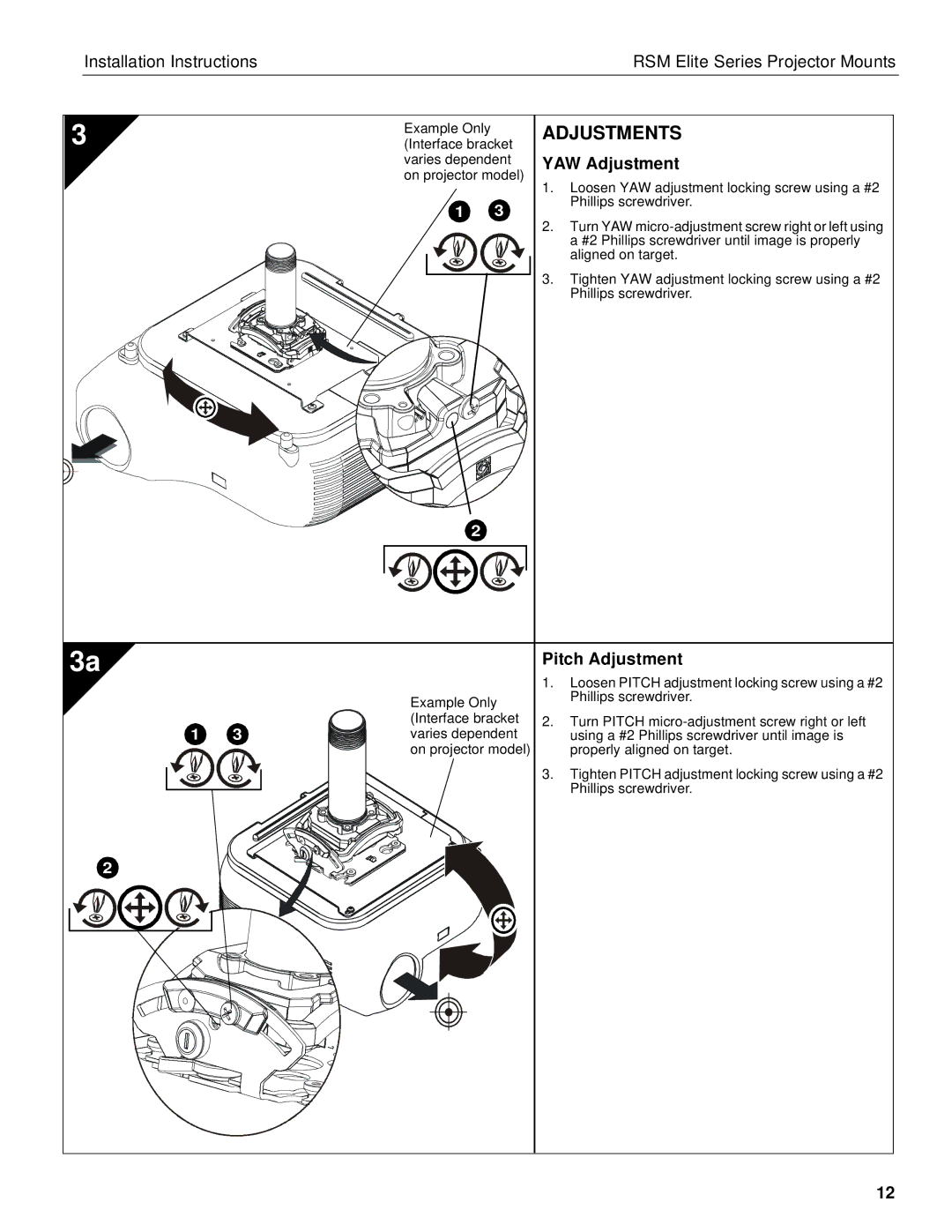 Chief Manufacturing RSM A-D installation instructions Adjustments, YAW Adjustment, Pitch Adjustment 