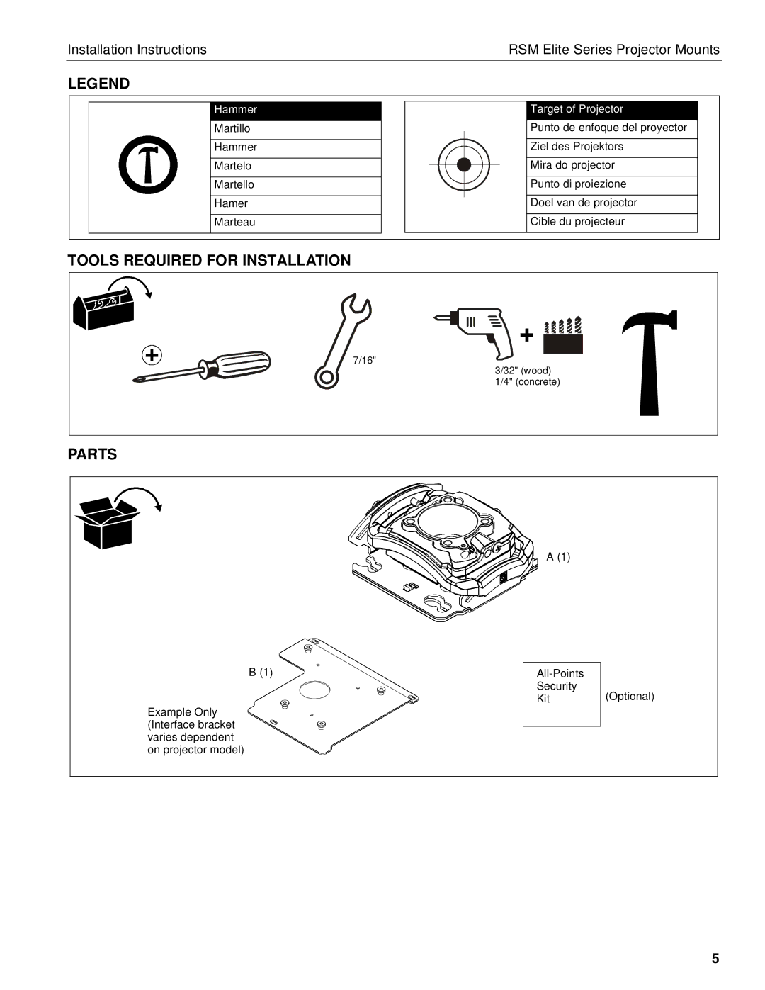 Chief Manufacturing RSM A-D installation instructions Tools Required for Installation, Parts 