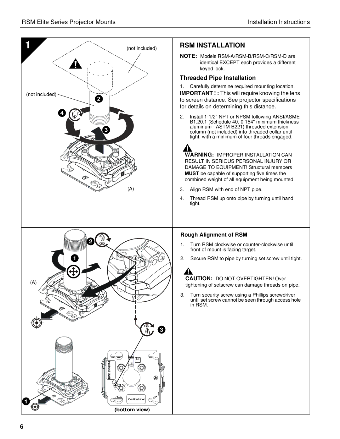 Chief Manufacturing RSM A-D installation instructions RSM Installation, Threaded Pipe Installation 