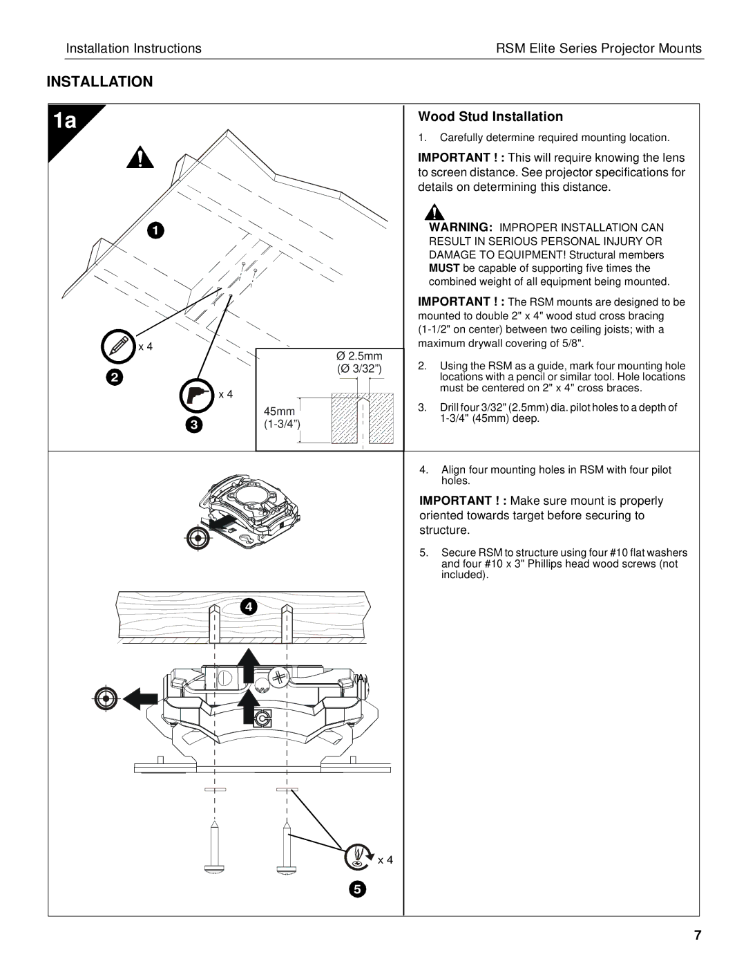 Chief Manufacturing RSM A-D installation instructions Wood Stud Installation 