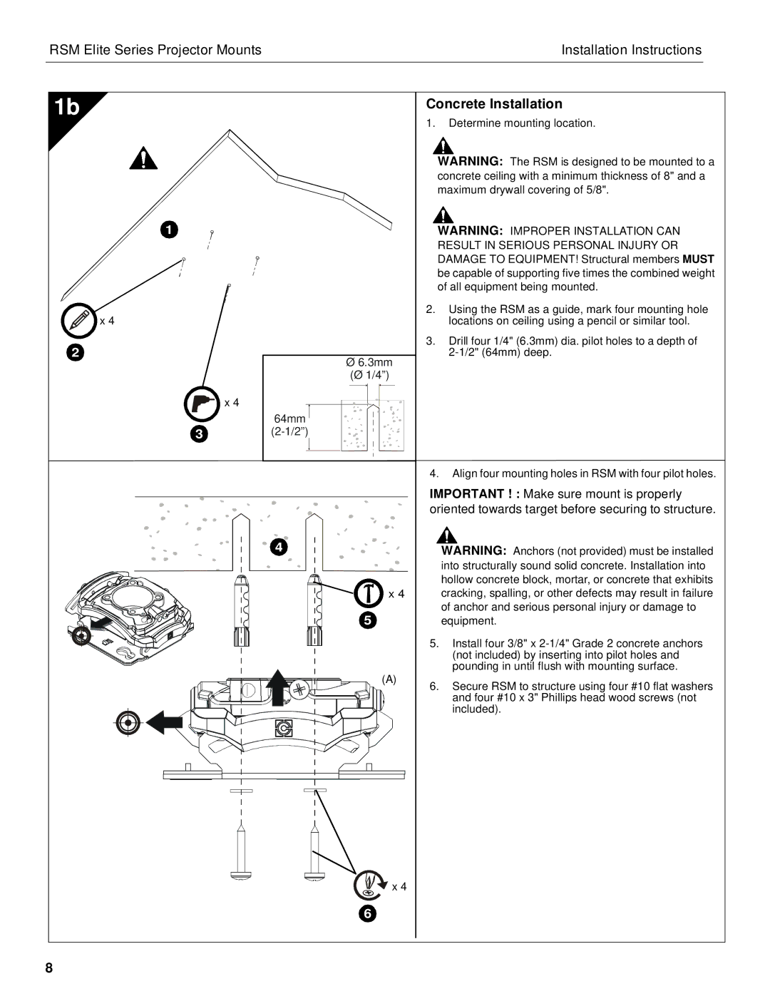 Chief Manufacturing RSM A-D installation instructions Concrete Installation, 3mm Ø 1/4 64mm 2-1/2 