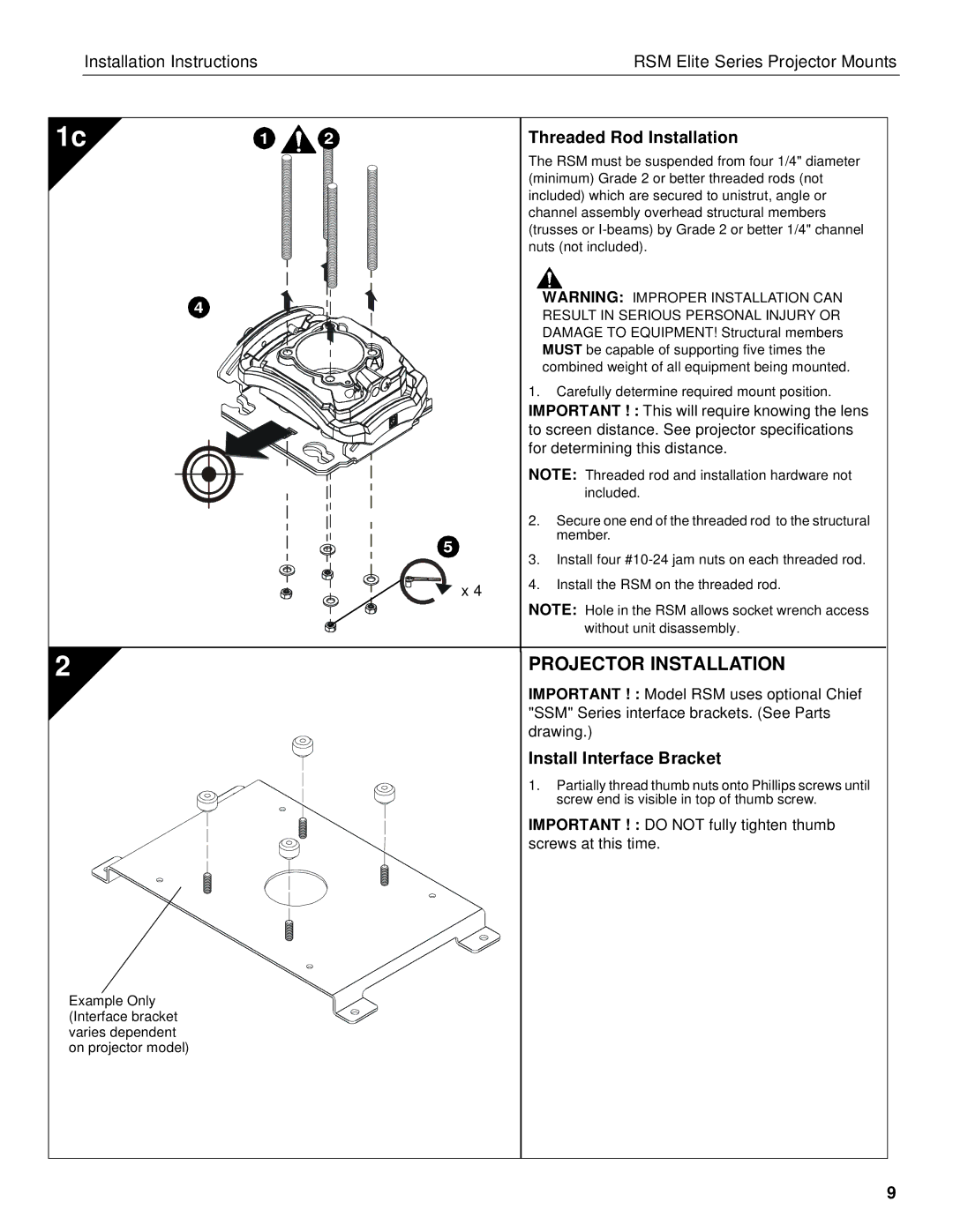 Chief Manufacturing RSM A-D Projector Installation, Threaded Rod Installation, Install Interface Bracket 