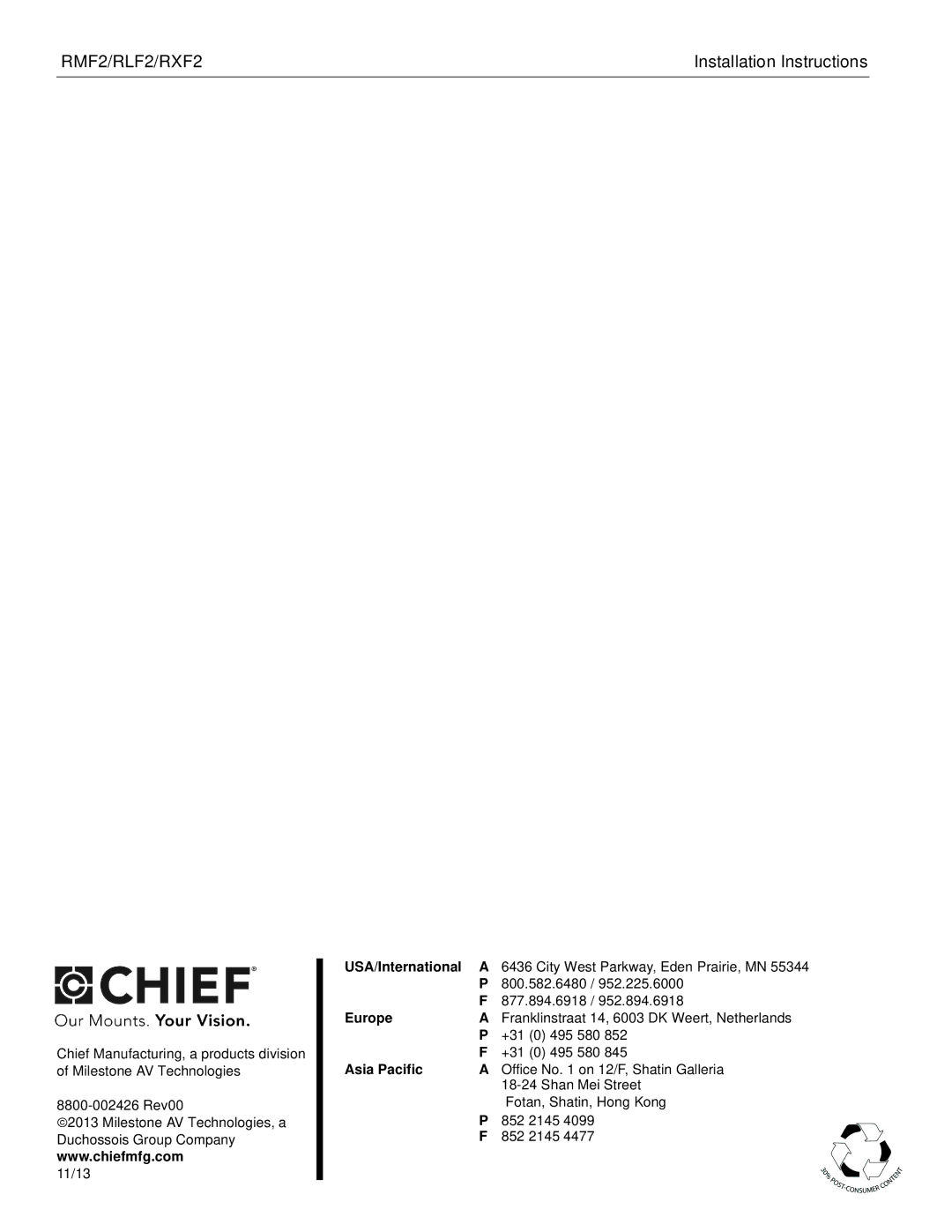 Chief Manufacturing RXF2, RMF2, RLF2 installation instructions USA/International 