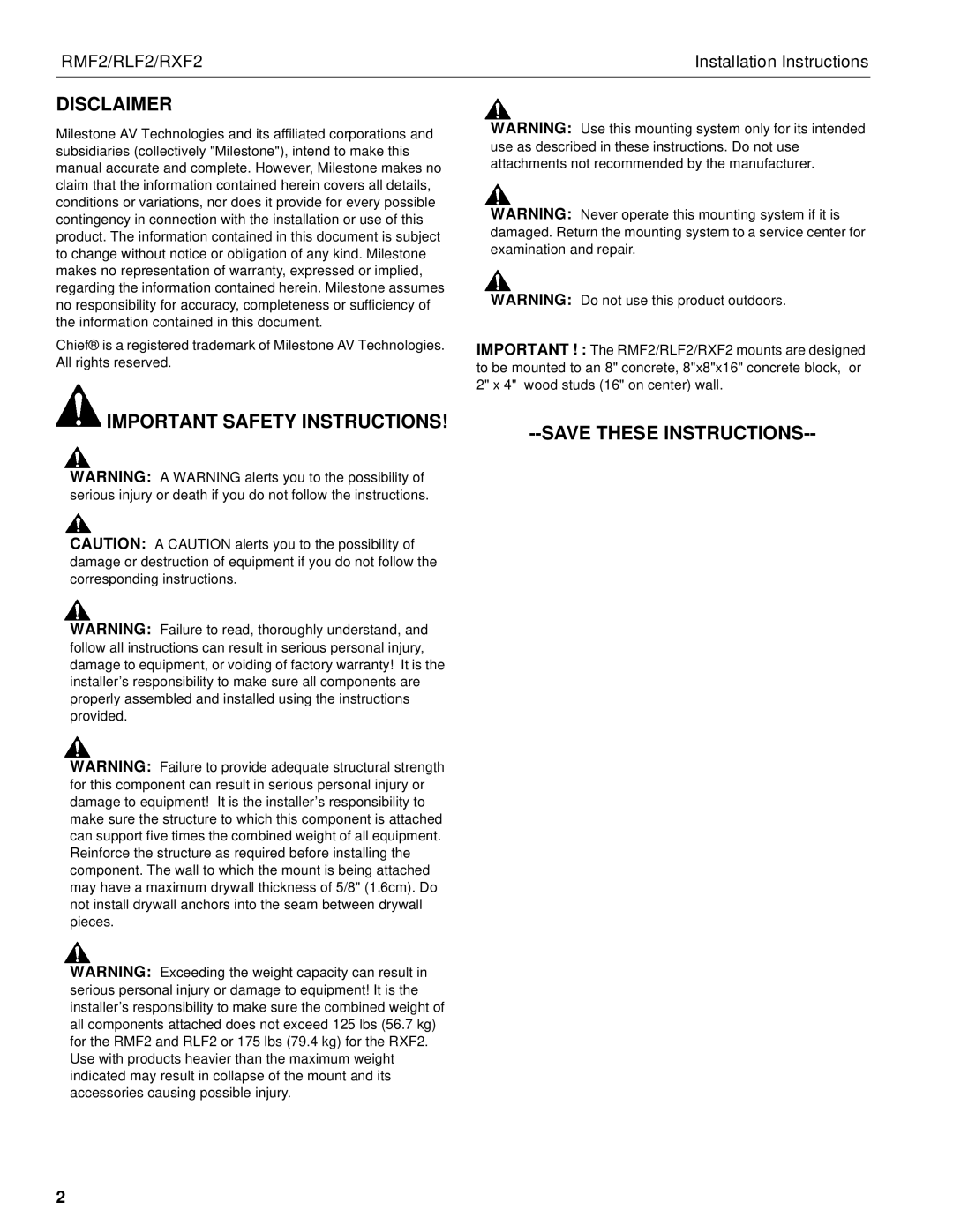 Chief Manufacturing RLF2, RXF2, RMF2 installation instructions Disclaimer, Important Safety Instructions 