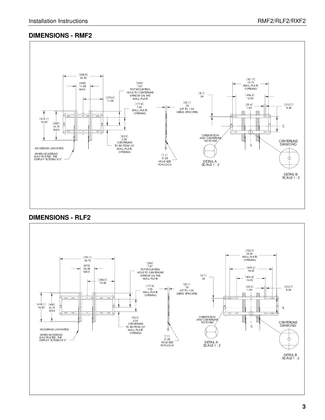 Chief Manufacturing RXF2 installation instructions Dimensions RMF2, Dimensions RLF2 