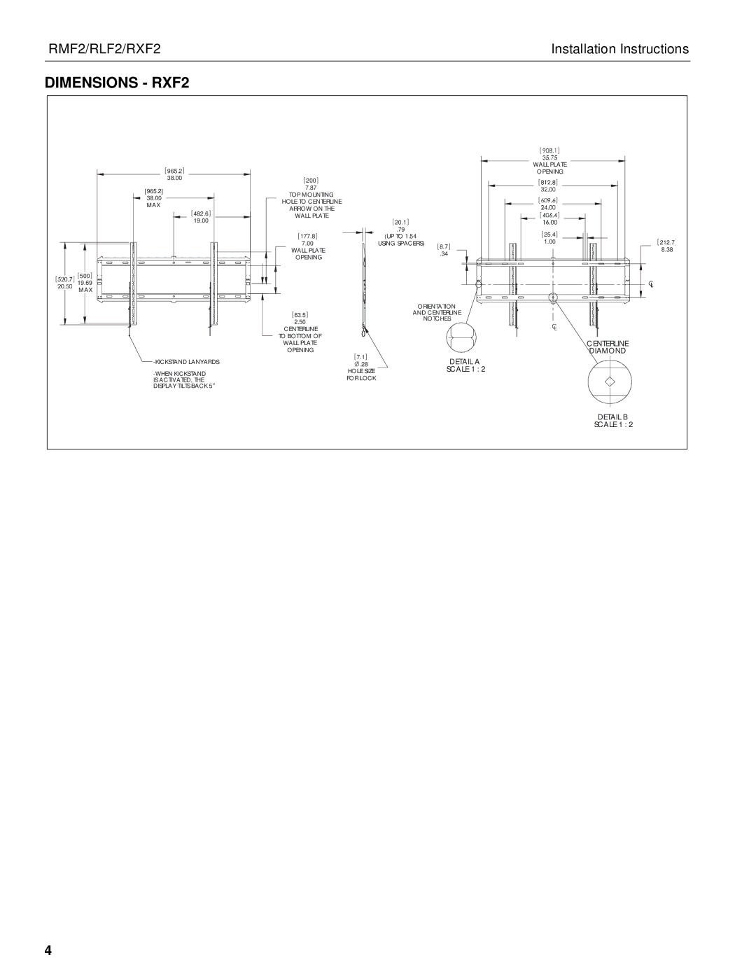 Chief Manufacturing RMF2, RLF2 installation instructions Dimensions RXF2 