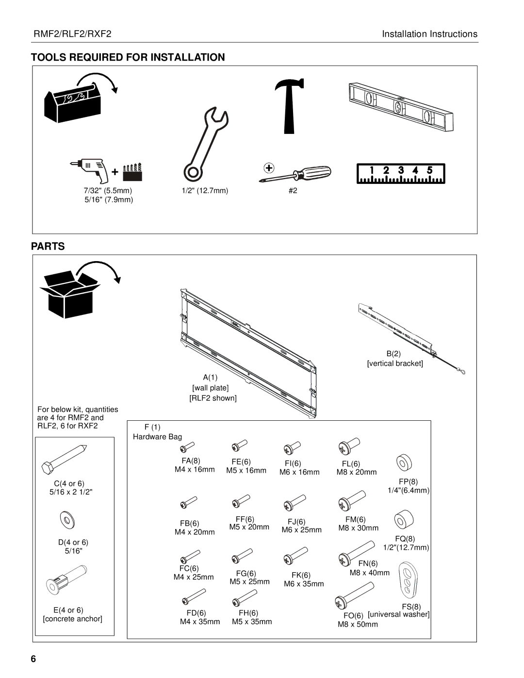 Chief Manufacturing RXF2, RMF2, RLF2 installation instructions Tools Required for Installation, Parts 