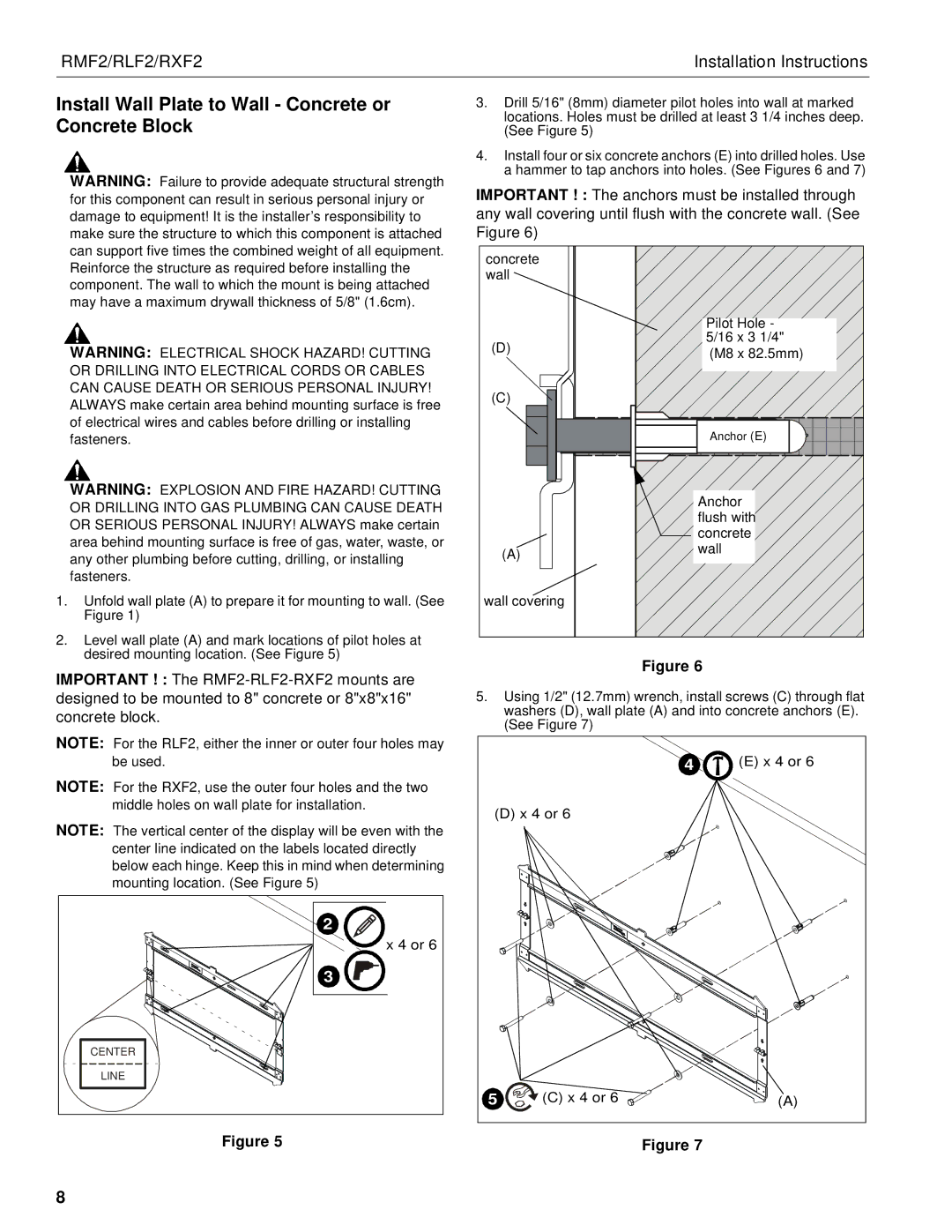 Chief Manufacturing RLF2, RXF2, RMF2 installation instructions Install Wall Plate to Wall Concrete or, Concrete Block 