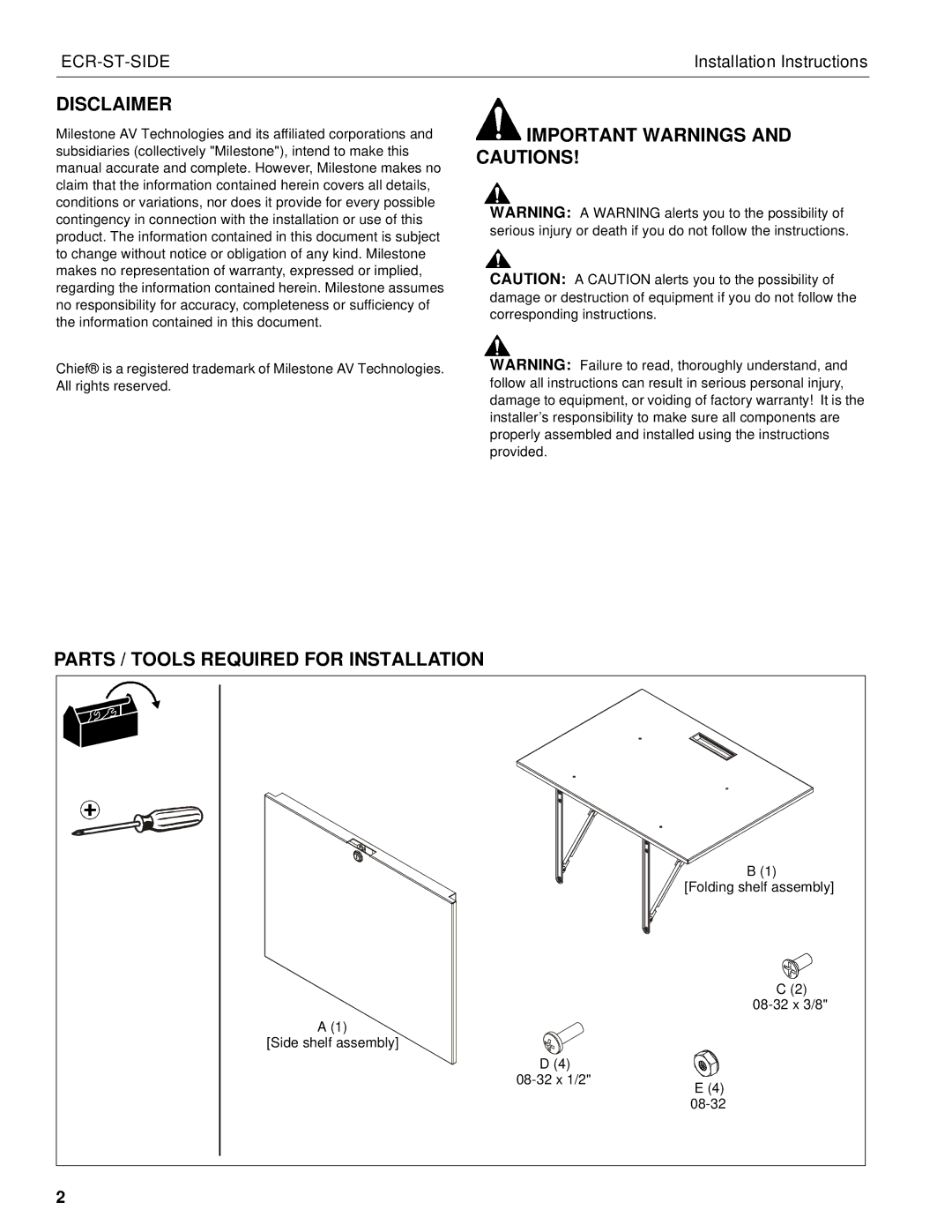 Chief Manufacturing side shelf for the steel elite converta rack installation instructions Disclaimer 