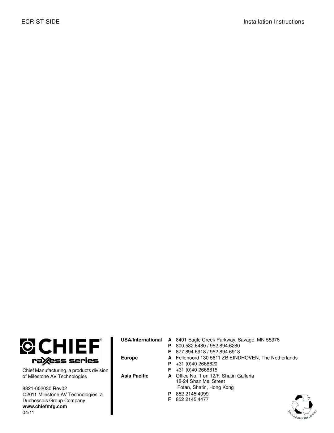 Chief Manufacturing side shelf for the steel elite converta rack installation instructions +31 040 