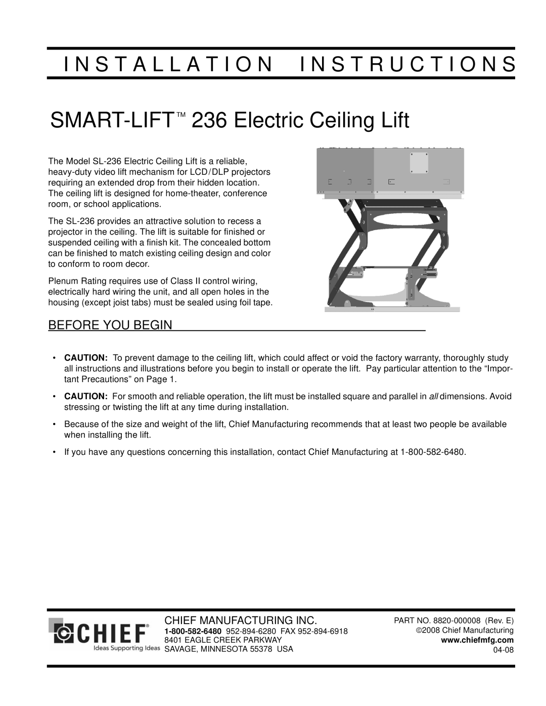 Chief Manufacturing SL-236 installation instructions SMART-LIFTTM236 Electric Ceiling Lift, Before YOU Begin 