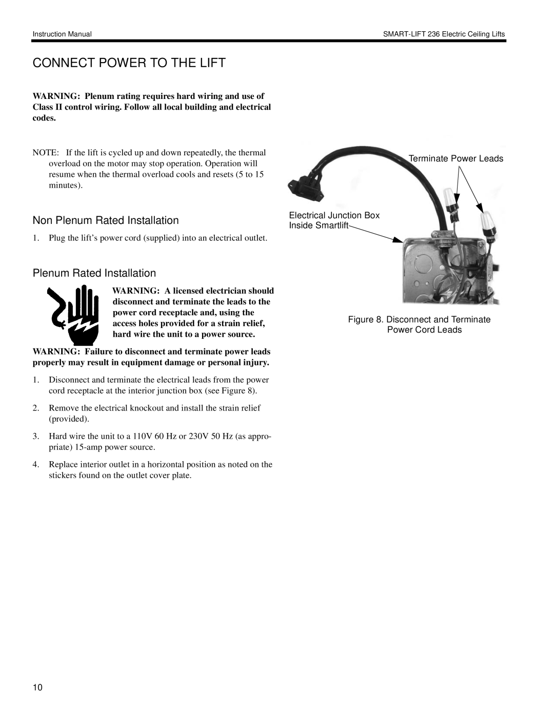 Chief Manufacturing SL-236 installation instructions Connect Power to the Lift, Non Plenum Rated Installation 