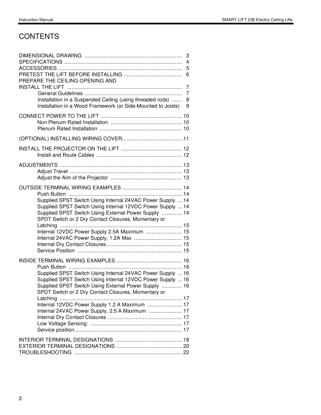 Chief Manufacturing SL-236 installation instructions Contents 