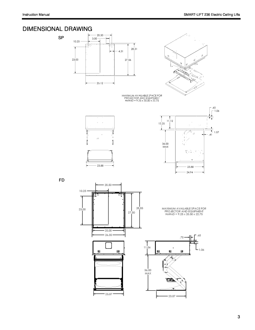 Chief Manufacturing SL-236 Dimensional Drawing, Sp Fd, Instruction Manual, SMART-LIFT 236 Electric Ceiling Lifts 