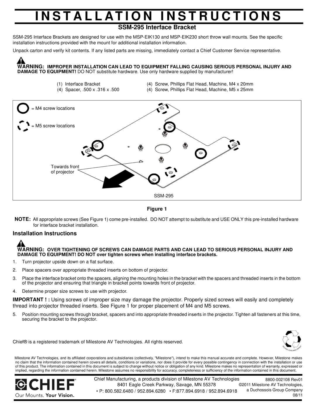 Chief Manufacturing installation instructions Installation I N S T R U C T I O N S, SSM-295 Interface Bracket 