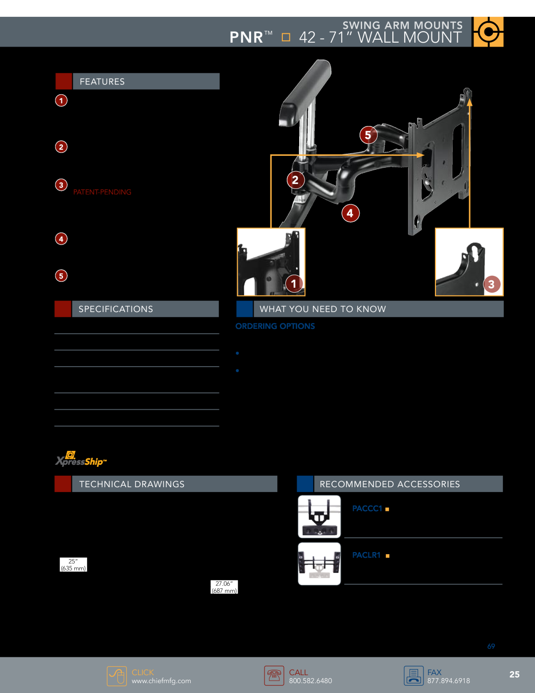 Chief Manufacturing Swing Arm Mounts specifications PNR 42 - 71” Wall Mount, swing arm mounts, Features, Specifications 