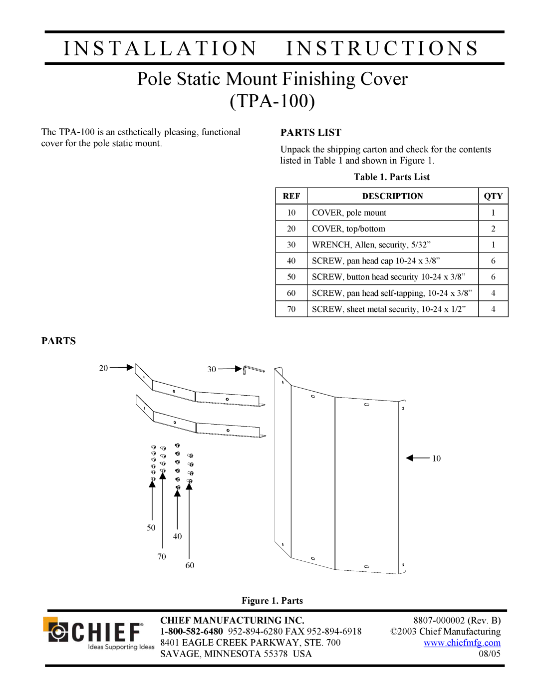 Chief Manufacturing TPA-100 installation instructions Installation I N S T R U C T I O N S, Parts List 