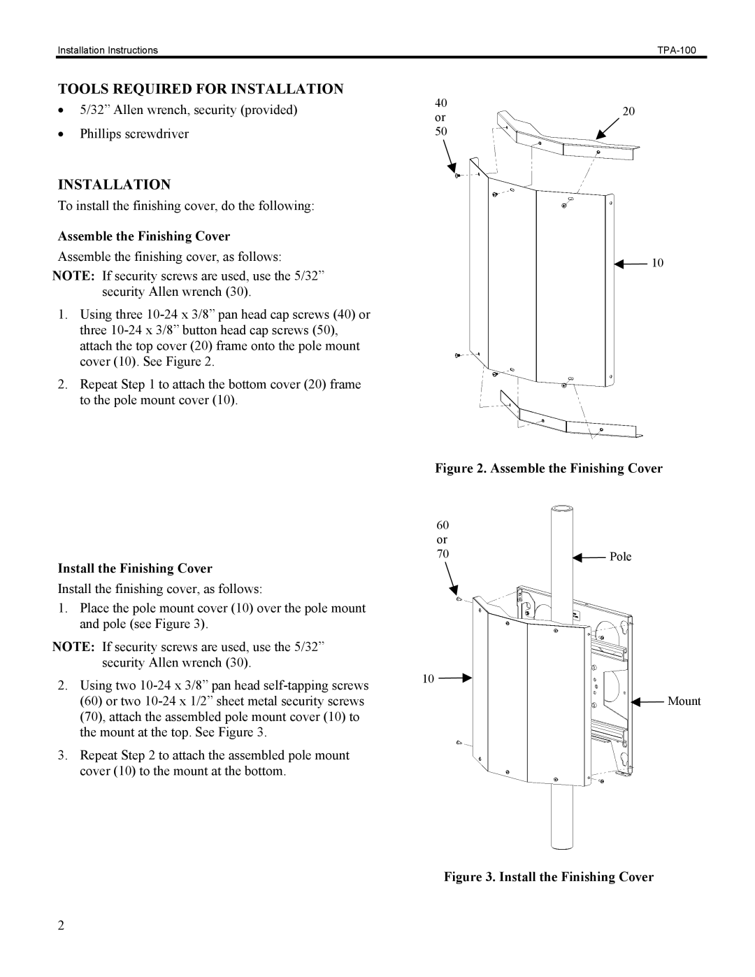 Chief Manufacturing TPA-100 Tools Required for Installation, Assemble the Finishing Cover, Install the Finishing Cover 