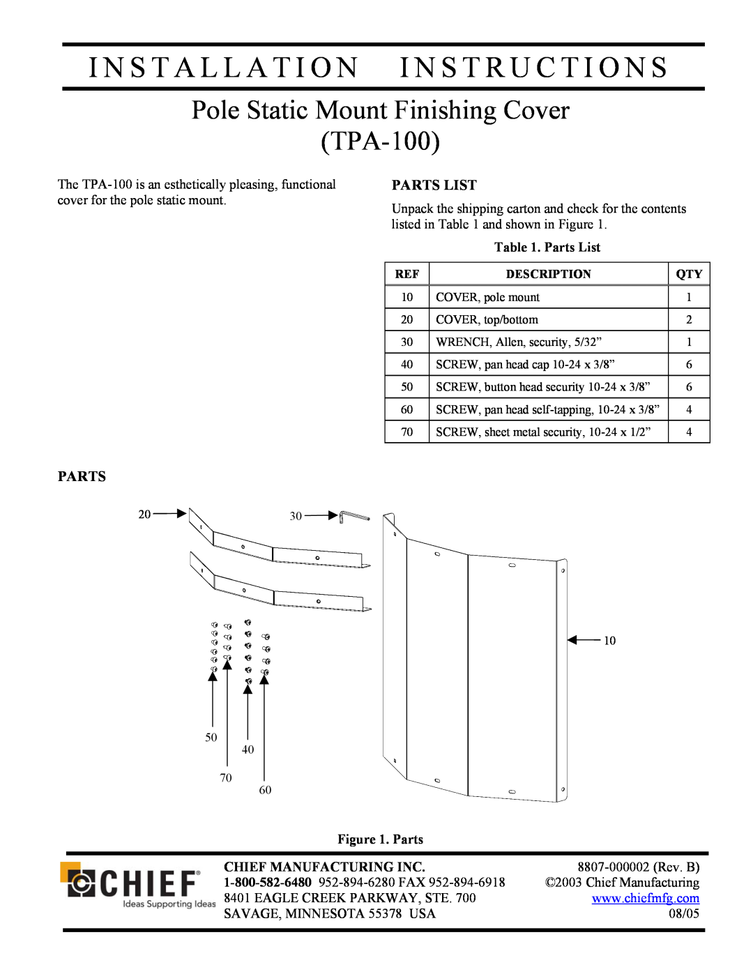 Chief Manufacturing TPA-100 installation instructions Parts List, Chief Manufacturing Inc 