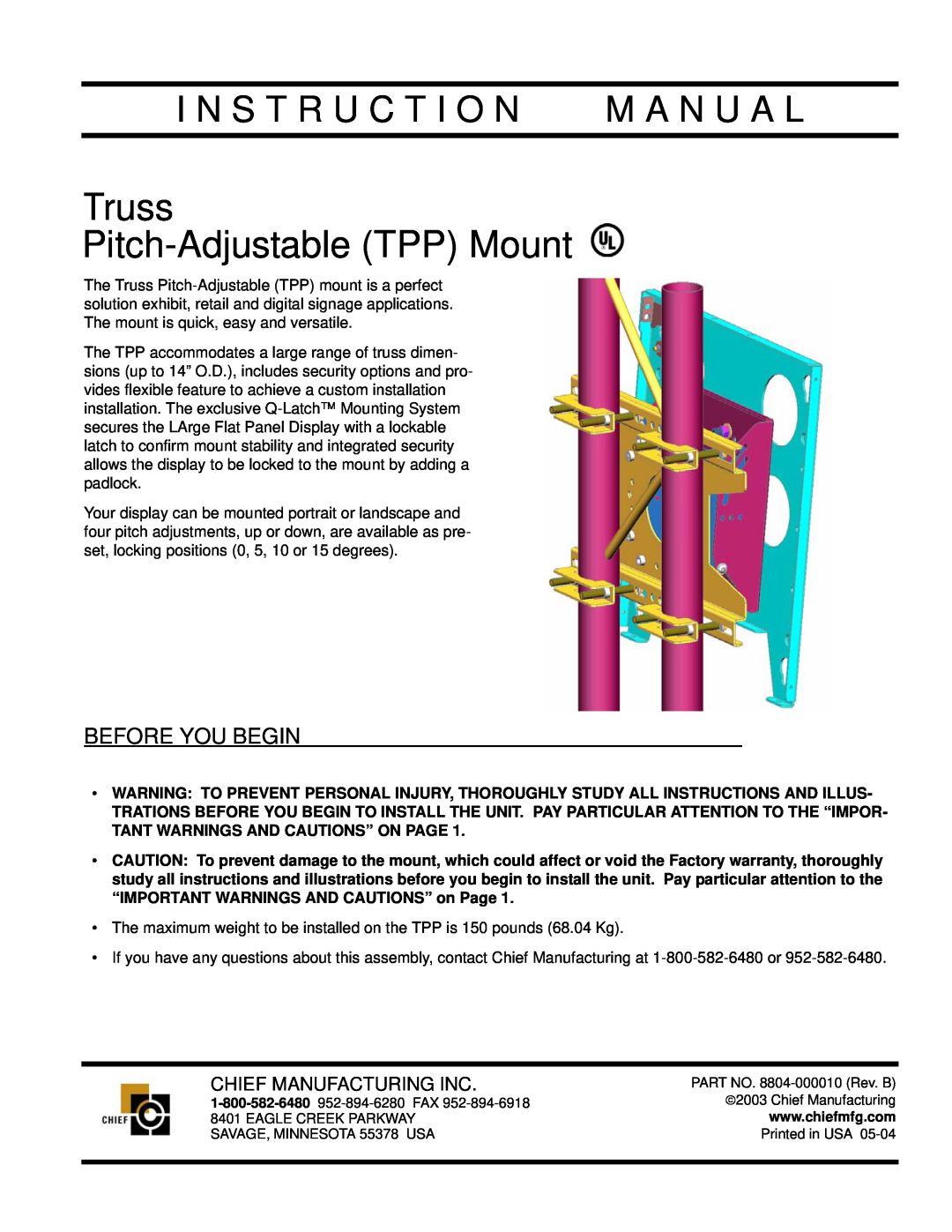 Chief Manufacturing instruction manual Before You Begin, Chief Manufacturing Inc, Truss Pitch-AdjustableTPP Mount 