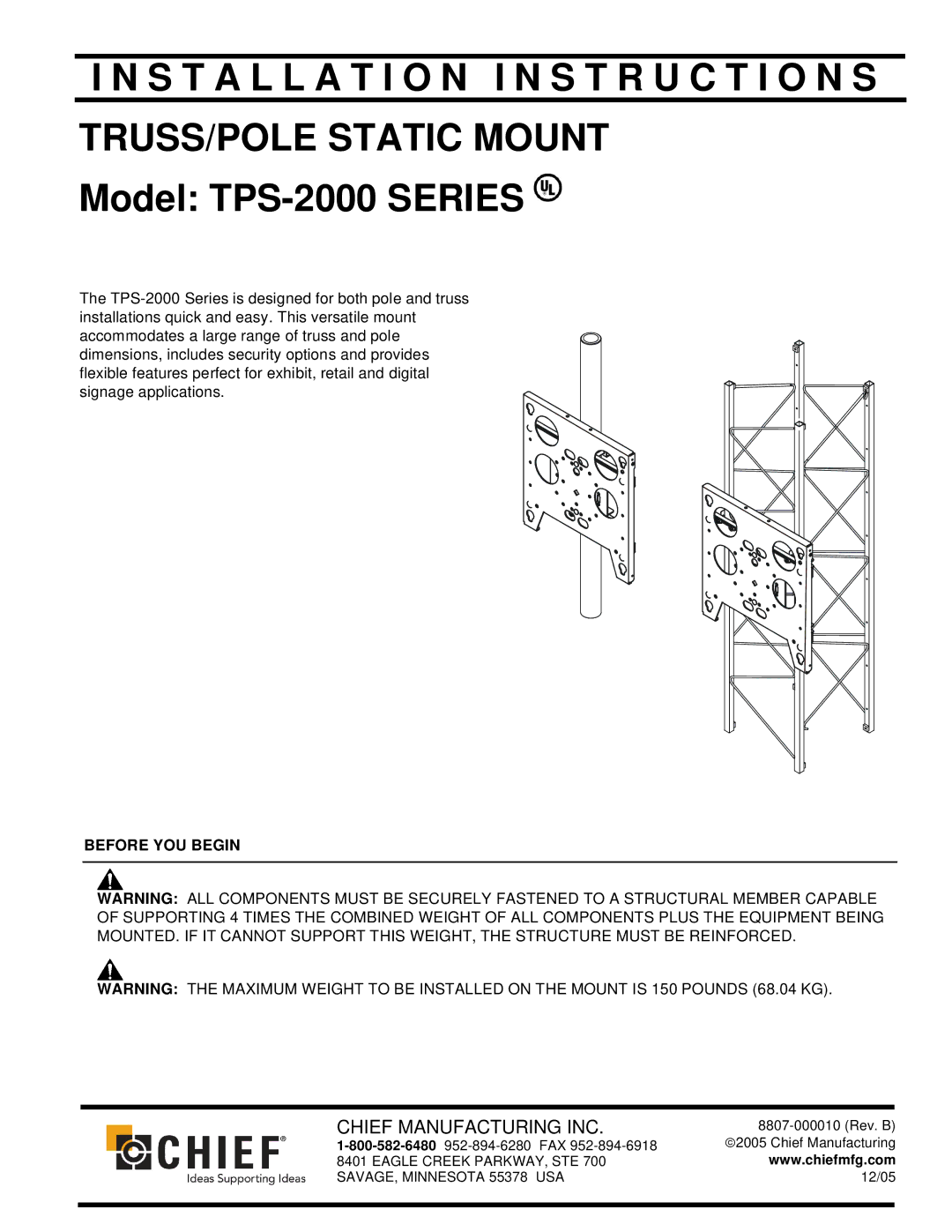 Chief Manufacturing TPS-2000 Series installation instructions Installation I N S T R U C T I O N S TRUSS/POLE Static Mount 