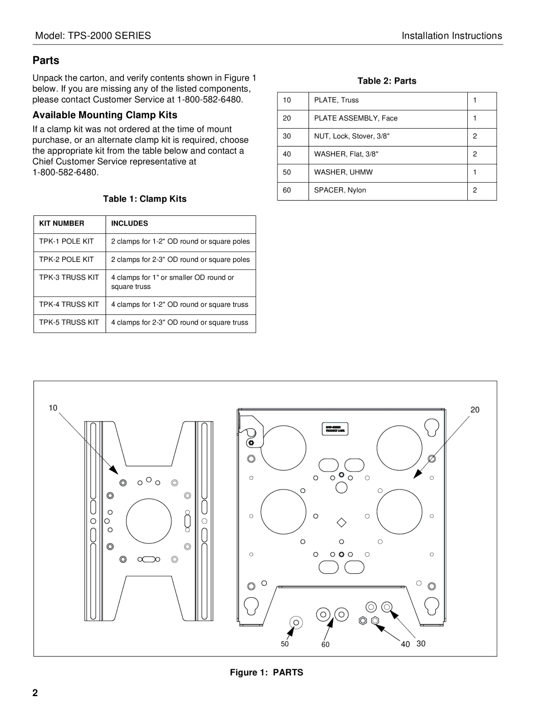 Chief Manufacturing TPS-2000 Series installation instructions Parts, Available Mounting Clamp Kits 