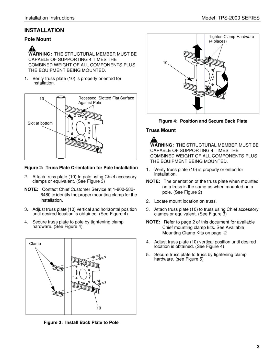 Chief Manufacturing TPS-2000 Series installation instructions Installation, Pole Mount, Truss Mount 