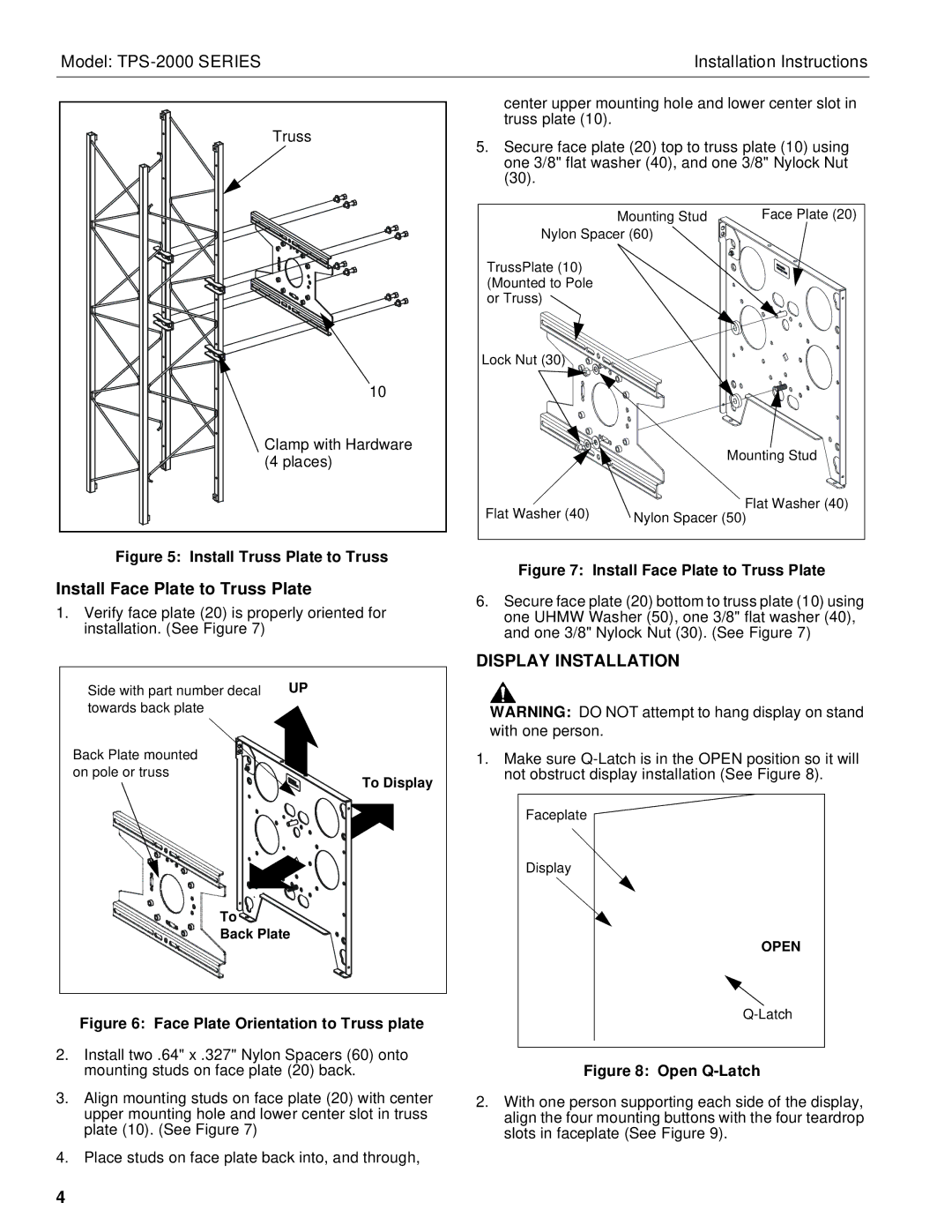 Chief Manufacturing TPS-2000 Series installation instructions Install Face Plate to Truss Plate, Display Installation 