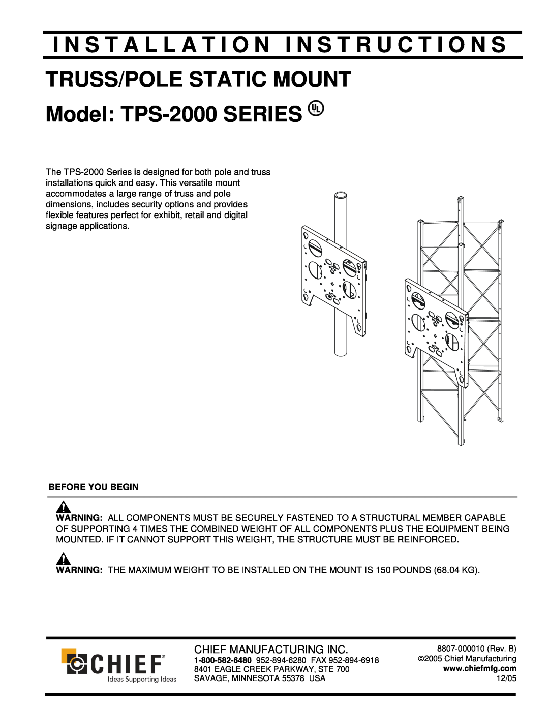Chief Manufacturing TPS-2000 Series installation instructions Before You Begin, Chief Manufacturing Inc 